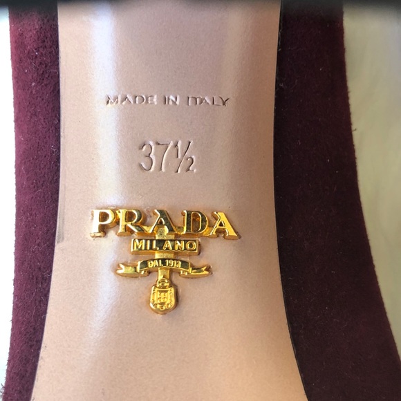 Prada Burgundy Suede Gold Button Heels